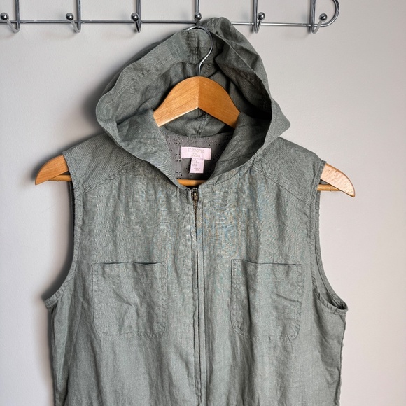 St. Tropez Women's 100% Linen Front Zip Vest with Hood Gray M Lagenlook Festival - Picture 4 of 13